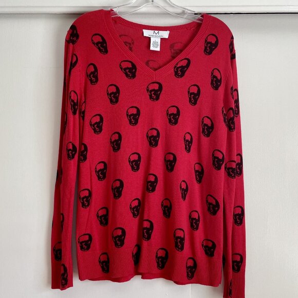 Magaschoni Red + Black Skull Cashmere Blend V Neck Sweater Size L - Picture 10 of 11